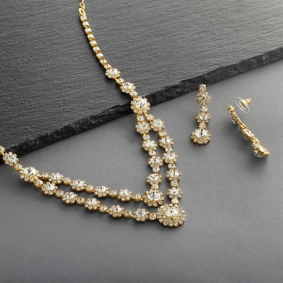 Regal Gold ✨ Two Row Rhinestone 💎Necklace & Earrings Set LuxFashionGalleria.com - Picture 4 of 5